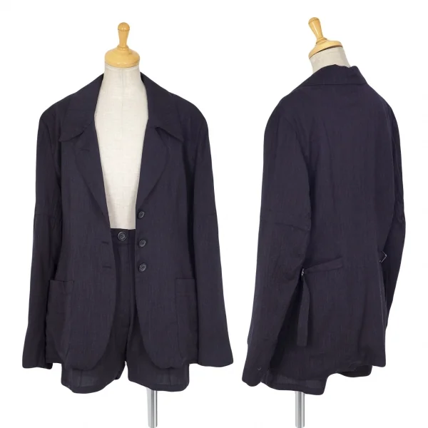 アンドゥムルメステールANN DEMEULEMEESTER ウールレーヨンスリーブギャザーサイドベルトジャケット 紺36 K-81399_018