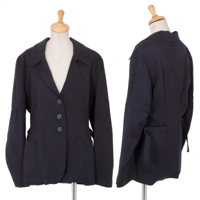 アンドゥムルメステールANN DEMEULEMEESTER ウールレーヨンスリーブギャザーサイドベルトジャケット 紺