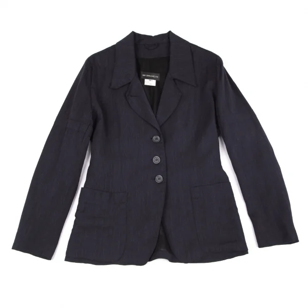 アンドゥムルメステールANN DEMEULEMEESTER ウールレーヨンスリーブギャザーサイドベルトジャケット 紺36 K-81399_002