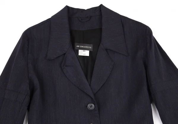 アンドゥムルメステールANN DEMEULEMEESTER ウールレーヨンスリーブギャザーサイドベルトジャケット 紺36 K-81399_003