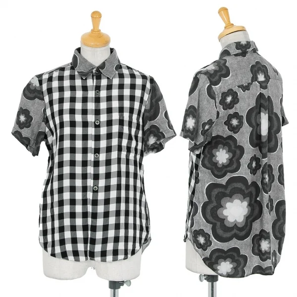 ブラックコムデギャルソンBLACK COMME des GARCONS 異素材チェック切り替えフラワープリント半袖シャツ 黒XS K-81759_001