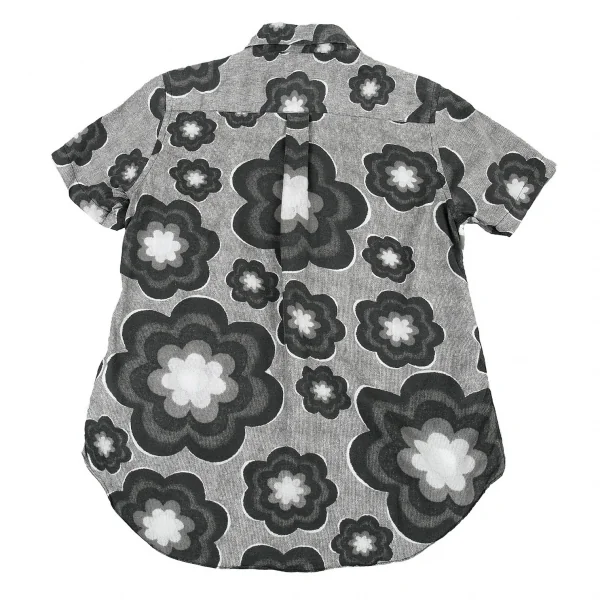 ブラックコムデギャルソンBLACK COMME des GARCONS 異素材チェック切り替えフラワープリント半袖シャツ 黒XS K-81759_010