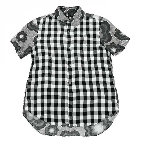 ブラックコムデギャルソンBLACK COMME des GARCONS 異素材チェック切り替えフラワープリント半袖シャツ 黒XS K-81759_002