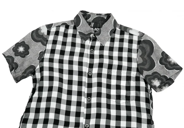 ブラックコムデギャルソンBLACK COMME des GARCONS 異素材チェック切り替えフラワープリント半袖シャツ 黒XS K-81759_003