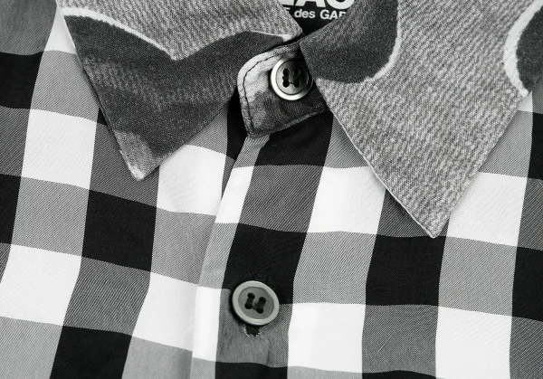 ブラックコムデギャルソンBLACK COMME des GARCONS 異素材チェック切り替えフラワープリント半袖シャツ 黒XS K-81759_005