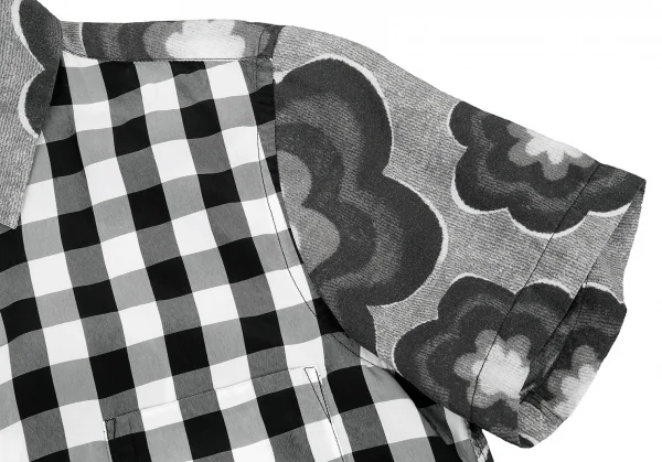 ブラックコムデギャルソンBLACK COMME des GARCONS 異素材チェック切り替えフラワープリント半袖シャツ 黒XS K-81759_006