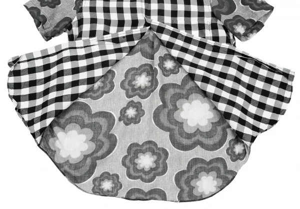 ブラックコムデギャルソンBLACK COMME des GARCONS 異素材チェック切り替えフラワープリント半袖シャツ 黒XS K-81759_009