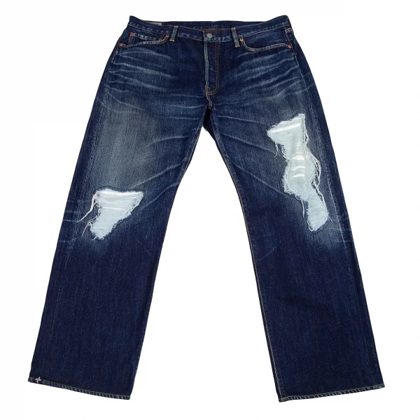 ヨウジヤマモト プールオムYohji Yamamoto POUR HOMME スポテッドホース当て布クラッシュ加工デニムパンツ インディゴ6 K-82061_001