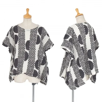 イッセイミヤケ ミーISSEY MIYAKE me チェックストライプボックスシルエットトップス オフ黒