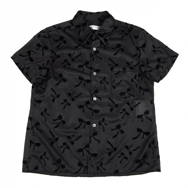 ローブドシャンブル コムデギャルソンrobe de chambre COMME des GARCONS リボンフロッキーポリ半袖ブラウス 黒M位 K-82300_002