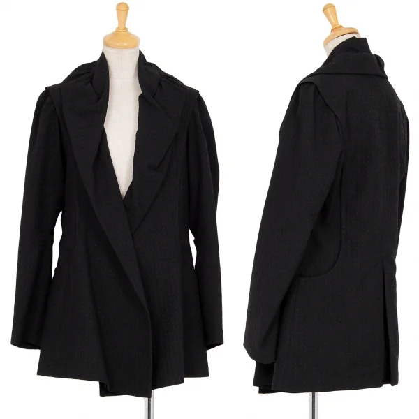 イッセイミヤケ フェットISSEY MIYAKE FETE 刺し子ドビーギャザーラペルロングジャケット 黒3 K-82544_001