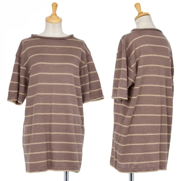 イッセイミヤケISSEY MIYAKE ボーダーリネン半袖ニット モカM位 K-83113_001