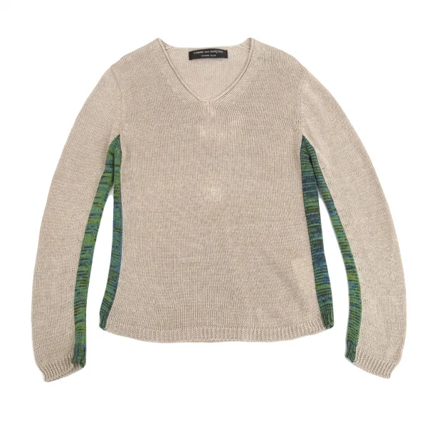 コムデギャルソン オムプリュスCOMME des GARCONS HOMME PLUS リネンサイド切替デザインVネックニット ベージュM位 K-83160_001
