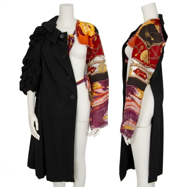 コムデギャルソンCOMME des GARCONS ビンテージスカーフアームスリーブドッキング袖フリル半身ジャケット 黒S K-83398_001