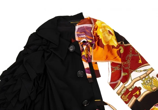 コムデギャルソンCOMME des GARCONS ビンテージスカーフアームスリーブドッキング袖フリル半身ジャケット 黒S K-83398_004