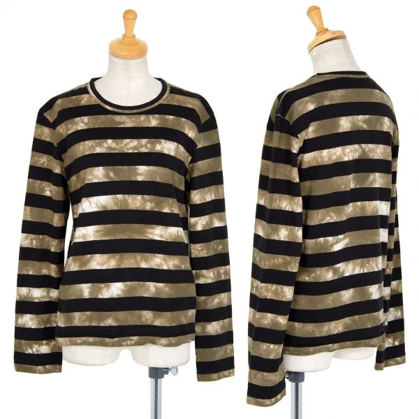 ブラックコムデギャルソンBLACK COMME des GARCONS むら染めボーダーカットソー カーキ黒XS K-83665_001