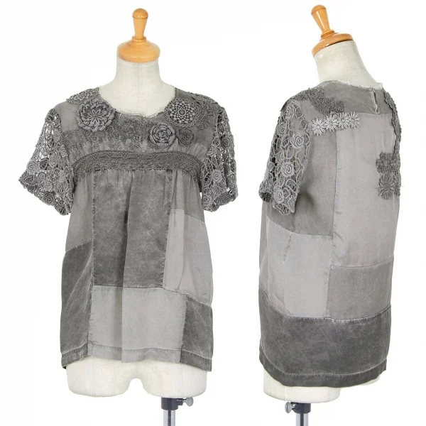 トリココムデギャルソンtricot COMME des GARCONS 製品染めレース切替パッチワークトップス グレーS K-83667_001