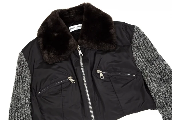 ドルチェ&ガッバーナDOLCE&GABBANA 袖ニット切替ボア襟ショート丈ブルゾン 黒グレー42 K-83866_003