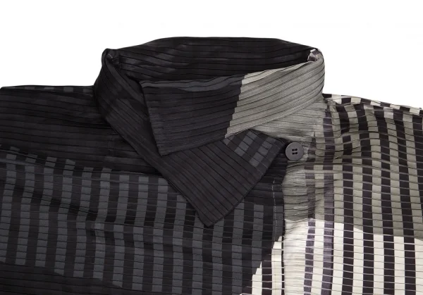 イッセイミヤケISSEY MIYAKE チェックストライププリーツダブルコート 黒ベージュ他2 K-84039_003