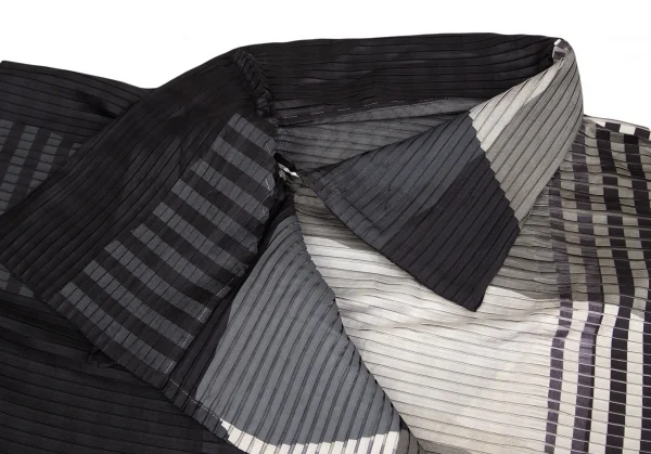 イッセイミヤケISSEY MIYAKE チェックストライププリーツダブルコート 黒ベージュ他2 K-84039_005