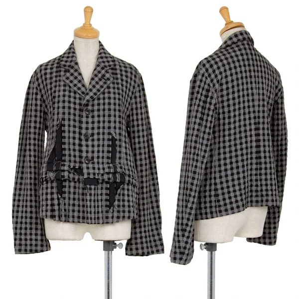 ローブドシャンブル コムデギャルソンrobe de chambre COMME des GARCONS製品染めチェックウールジャケット グレー黒M K-84259_001