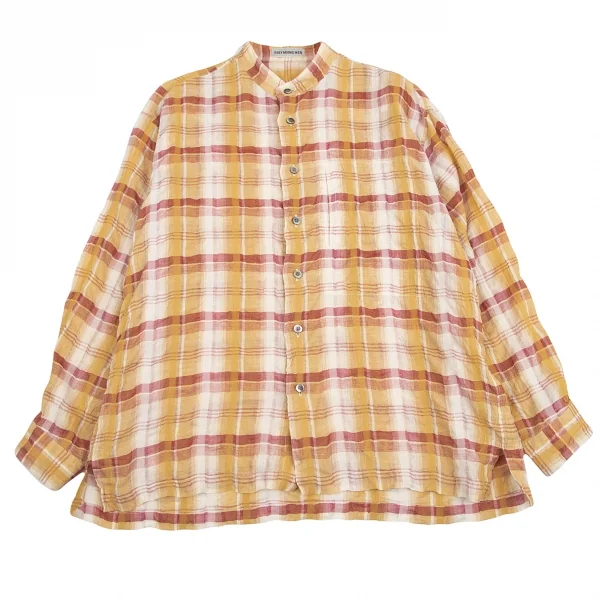 イッセイミヤケ メンISSEY MIYAKE MEN リネンチェックスタンドカラーシャツ 茶