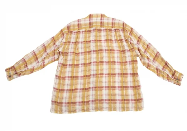 イッセイミヤケ メンISSEY MIYAKE MEN リネンチェックスタンドカラーシャツ 茶 マスタードS K-84429_010