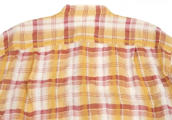 イッセイミヤケ メンISSEY MIYAKE MEN リネンチェックスタンドカラーシャツ 茶 マスタードS K-84429_011