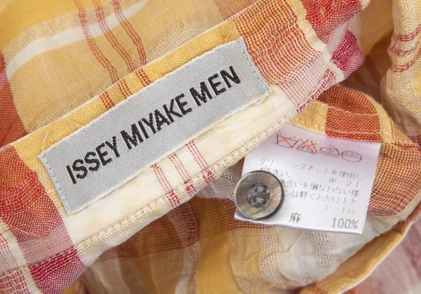 イッセイミヤケ メンISSEY MIYAKE MEN リネンチェックスタンドカラーシャツ 茶 マスタードS K-84429_016