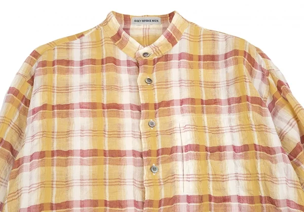 イッセイミヤケ メンISSEY MIYAKE MEN リネンチェックスタンドカラーシャツ 茶 マスタードS K-84429_002