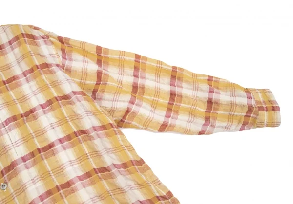 イッセイミヤケ メンISSEY MIYAKE MEN リネンチェックスタンドカラーシャツ 茶 マスタードS K-84429_004