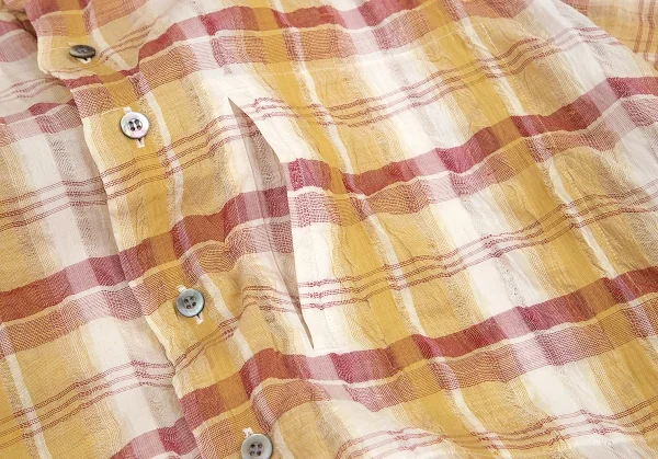 イッセイミヤケ メンISSEY MIYAKE MEN リネンチェックスタンドカラーシャツ 茶 マスタードS K-84429_005