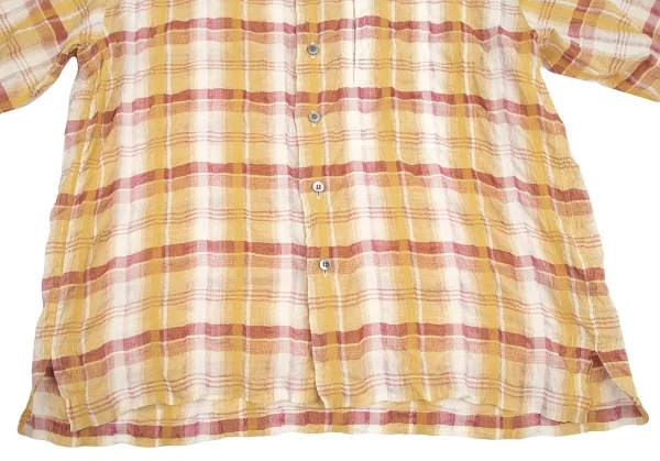 イッセイミヤケ メンISSEY MIYAKE MEN リネンチェックスタンドカラーシャツ 茶 マスタードS K-84429_007