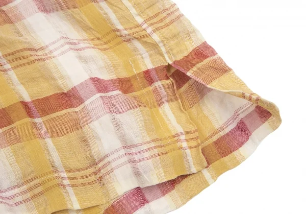 イッセイミヤケ メンISSEY MIYAKE MEN リネンチェックスタンドカラーシャツ 茶 マスタードS K-84429_008