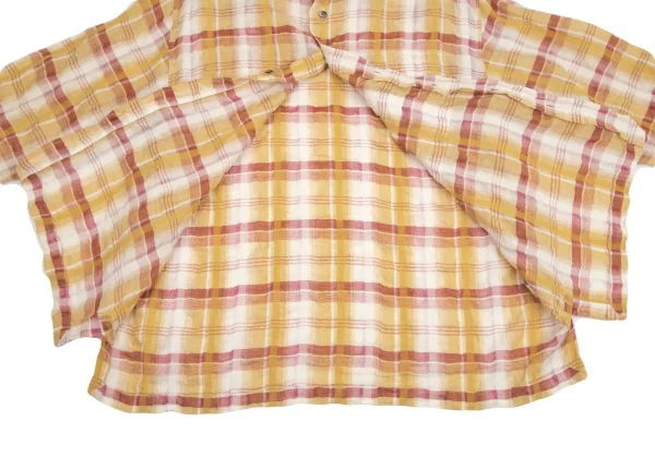 イッセイミヤケ メンISSEY MIYAKE MEN リネンチェックスタンドカラーシャツ 茶 マスタードS K-84429_009