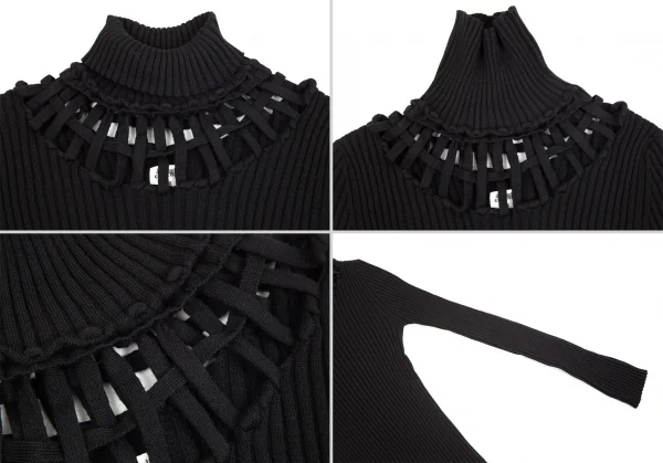 ジャンポールゴルチエ ファムJean Paul GAULTIER FEMME ウールネック透かし編みリブニット 黒40 K-84444_004