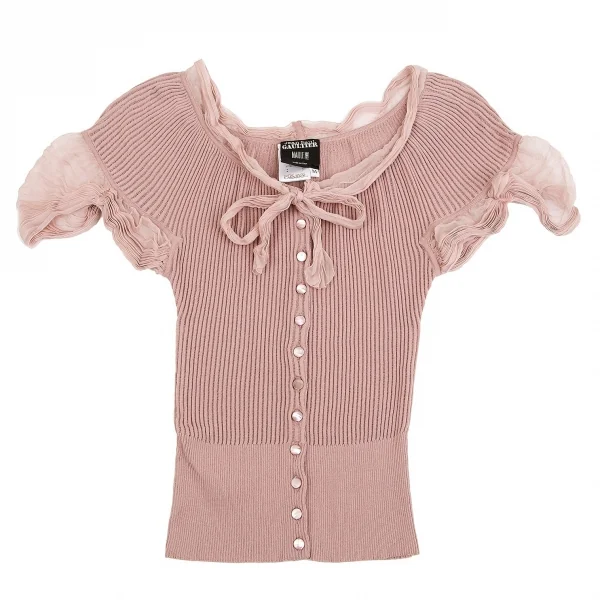 ジャンポールゴルチエ マイユファムJean Paul GAULTIER MAILLE FEMME シフォン切替半袖リブニットコットンシルクカーディガン ピンクM K-84462_002
