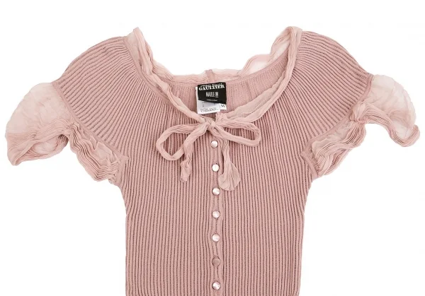 ジャンポールゴルチエ マイユファムJean Paul GAULTIER MAILLE FEMME シフォン切替半袖リブニットコットンシルクカーディガン ピンクM K-84462_003
