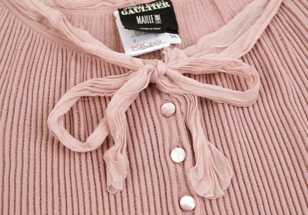 ジャンポールゴルチエ マイユファムJean Paul GAULTIER MAILLE FEMME シフォン切替半袖リブニットコットンシルクカーディガン ピンクM K-84462_004