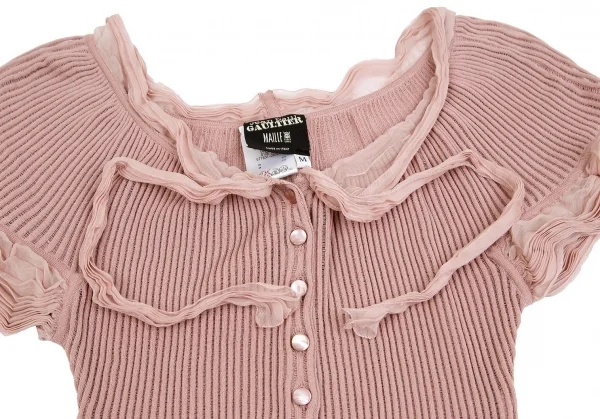 ジャンポールゴルチエ マイユファムJean Paul GAULTIER MAILLE FEMME シフォン切替半袖リブニットコットンシルクカーディガン ピンクM K-84462_005