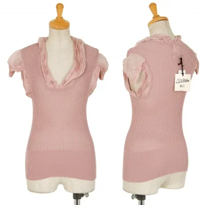 ジャンポールゴルチエ マイユファムJean Paul GAULTIER MAILLE FEMME シフォン切替半袖リブニットコットンシルクトップス ピンク