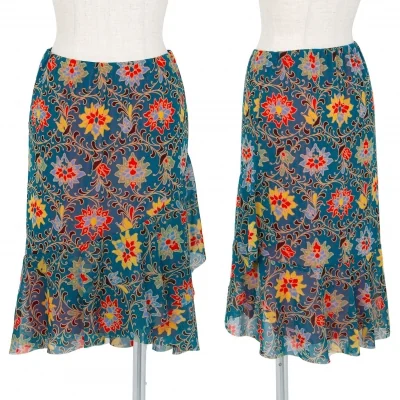 ヴィヴィアンタムVIVIENNETAM アラベスクプリントパワーネットフリルスカート 青