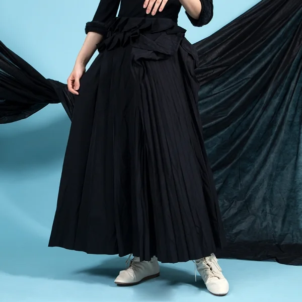 ヨウジヤマモト ファムYohji Yamamoto FEMME シルクプリーツ切替ウールギャバラップスカート 黒3 K-84539_016
