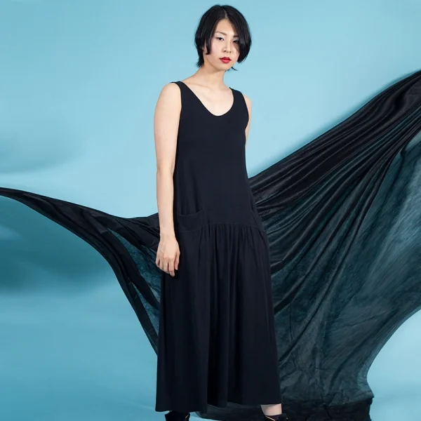 ワイズY's コットンフライスギャザー切替ノースリーブワンピース 黒M位 K-84641_016