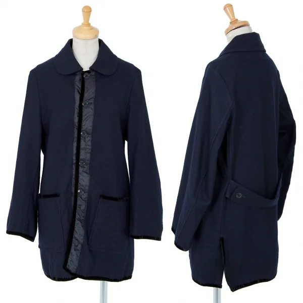 トリコ コムデギャルソンtricot COMME des GARCONSベロアテープ切替ウールハーフコート 紺M K-84702_001