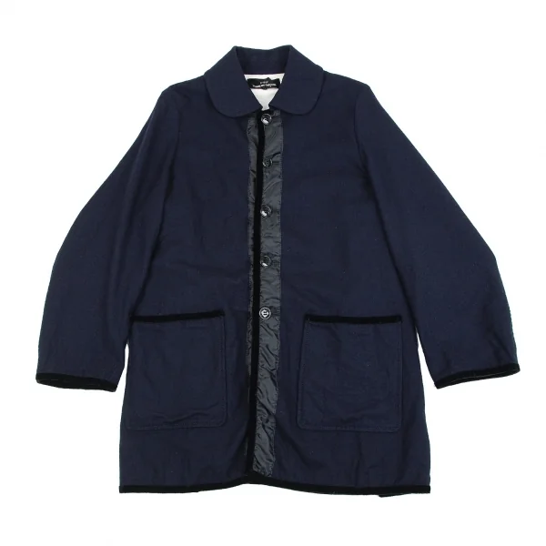 トリコ コムデギャルソンtricot COMME des GARCONSベロアテープ切替ウールハーフコート 紺M K-84702_002