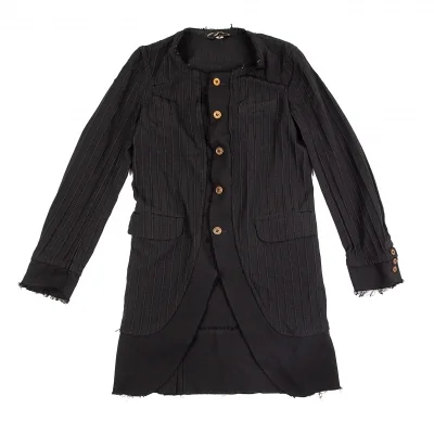 コムデギャルソン オムプリュスCOMME des GARCONS HOMME PLUS 製品染めポリストライプ切り替えノーカラーロングジャケット 黒