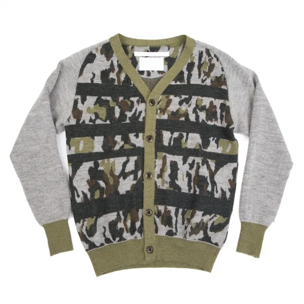 ホワイトマウンテニアリングWhite Mountaineering ウールカモフラ柄ニットカーディガン 緑グレー0 K-84804_001