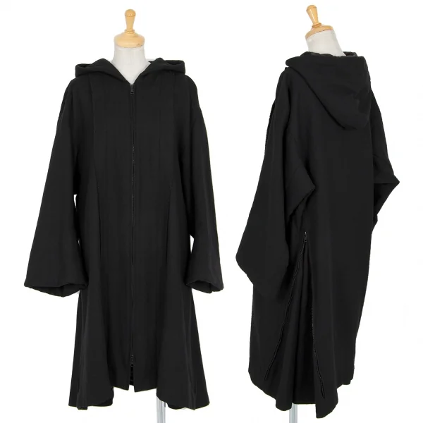 ヨウジヤマモト ファムYohji Yamamoto FEMME ウールナイロン裁ち切りサイドフレアジップアップフーデッドコート 黒1 K-84826_001