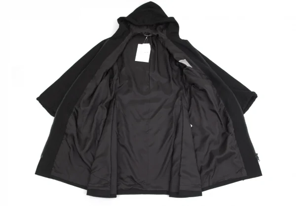 ヨウジヤマモト ファムYohji Yamamoto FEMME ウールナイロン裁ち切りサイドフレアジップアップフーデッドコート 黒1 K-84826_012